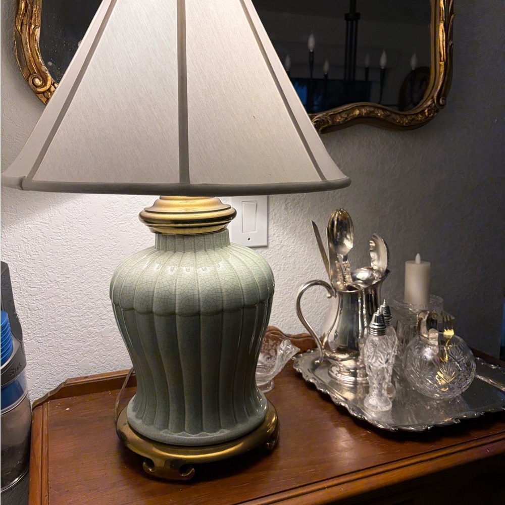 Vintage-Inspired Green Lamp with brass  Trim